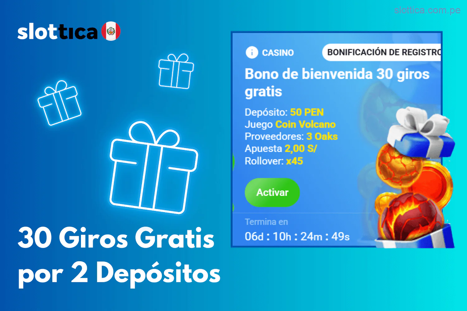 30 Giros Gratis tras el segundo depósito en Slottica Perú
