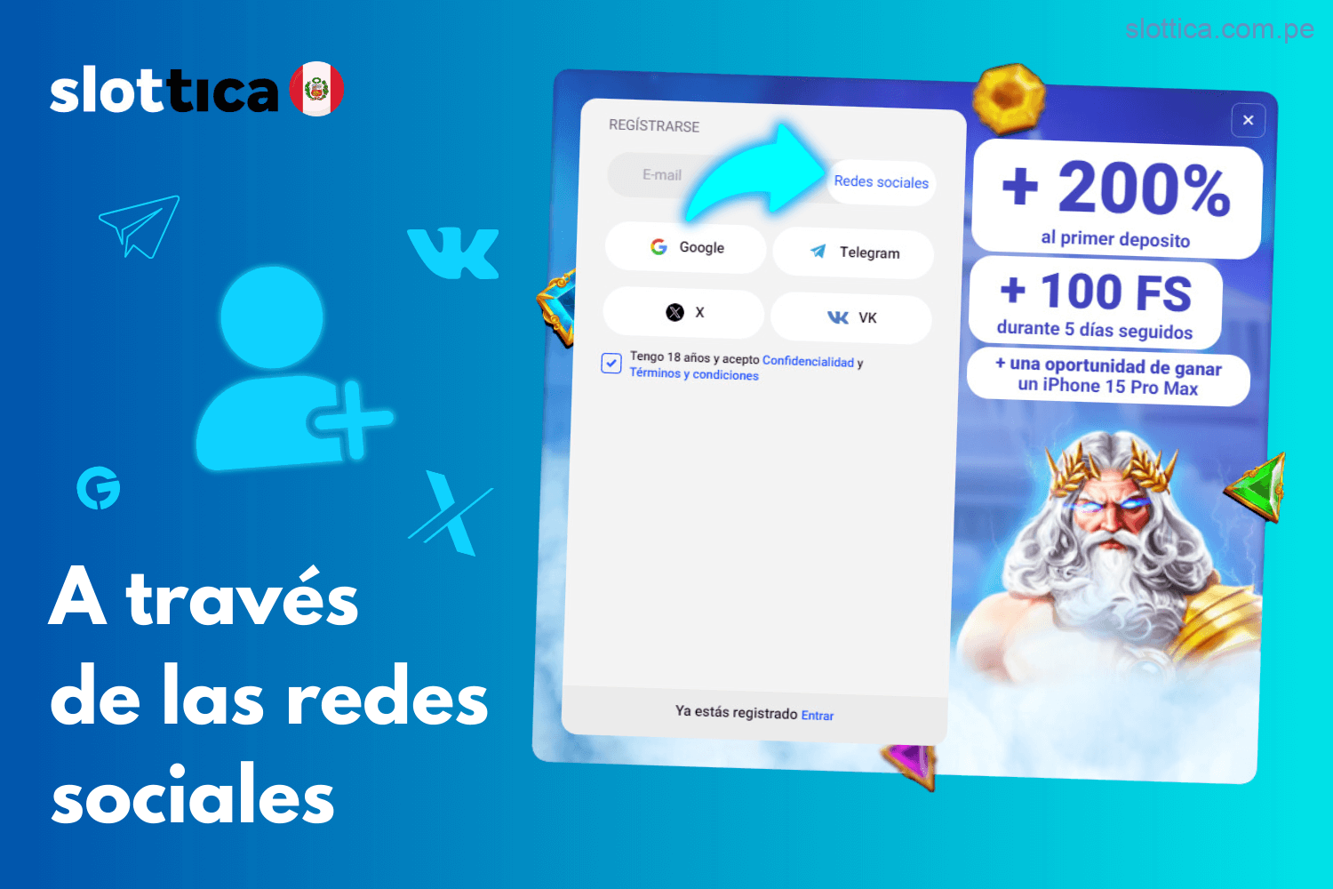 Abrir una cuenta en Slottica Perú a través de redes sociales