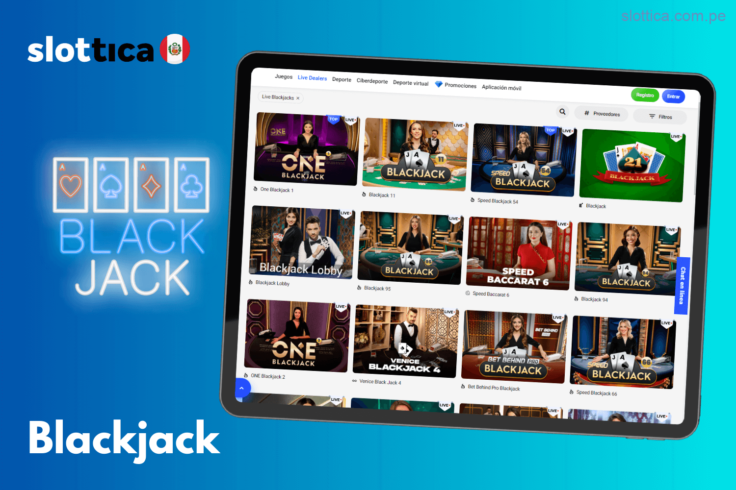 Partidas de Blackjack en vivo en Slottica para usuarios en Perú