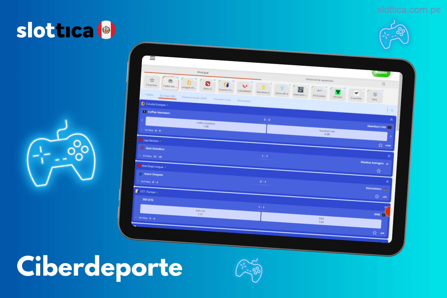 Ciberdeportes disponibles en la plataforma Slottica Perú