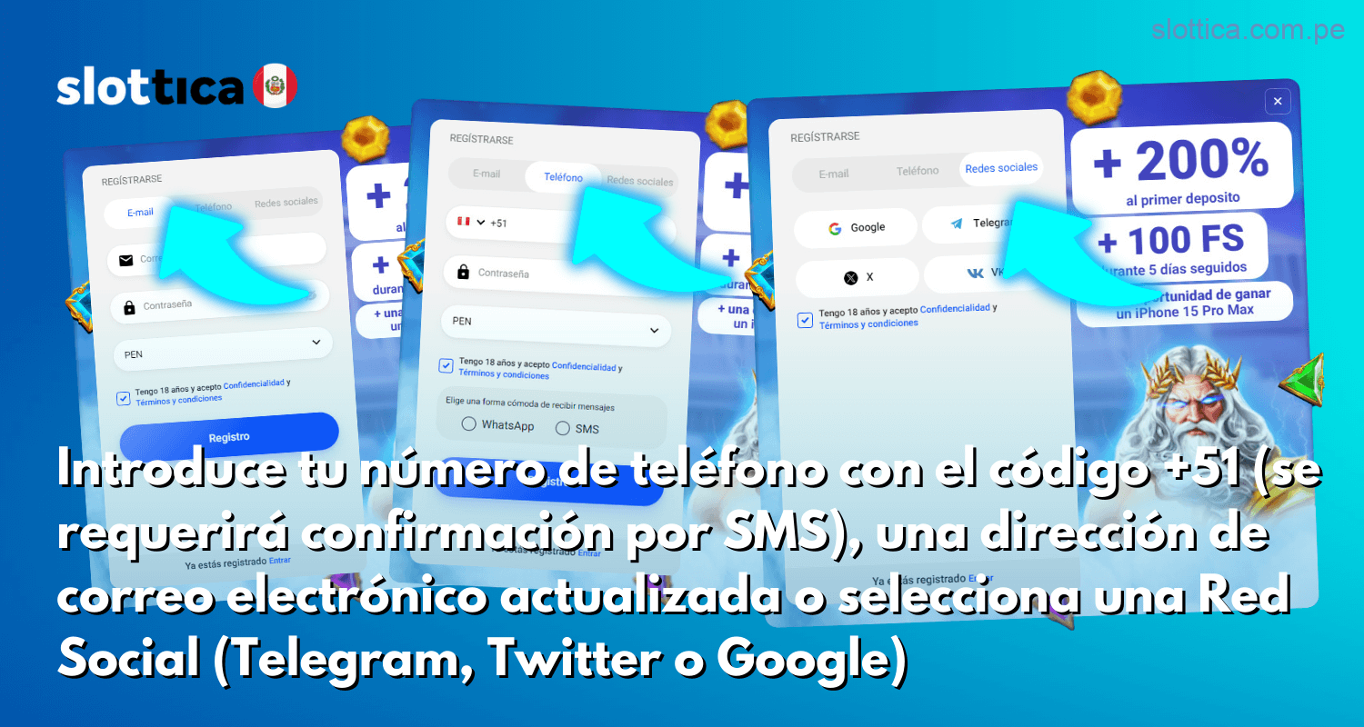 Ingresa tu número de teléfono con el código de país +51 (recibirás un SMS para confirmación), un correo electrónico válido o elige entre Telegram, Twitter o Google para registrarte