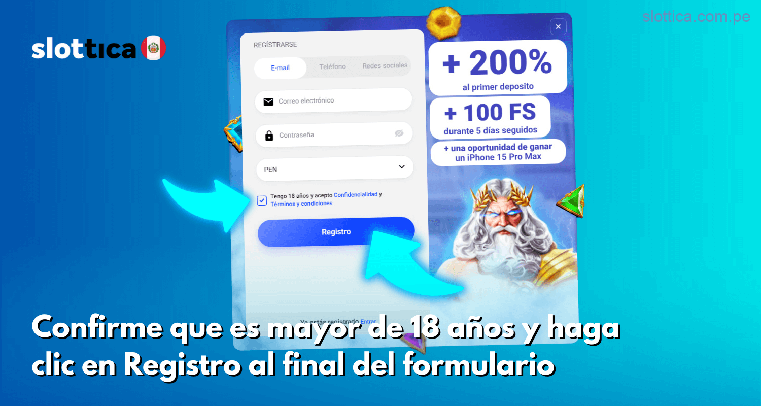 Confirma que eres mayor de 18 años y finaliza el proceso haciendo clic en Registro al final del formulario