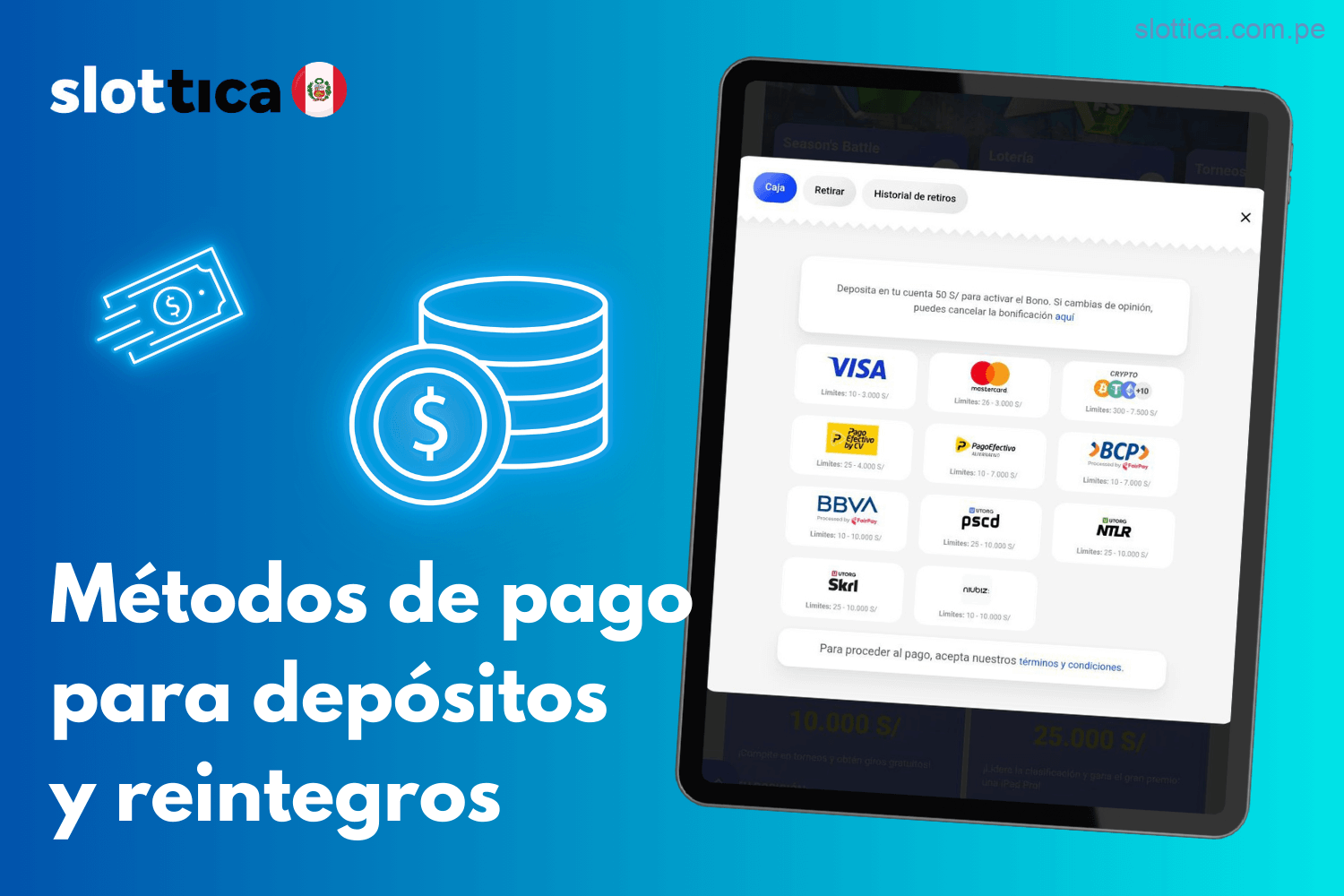Métodos de pago disponibles en Slottica Perú para depósitos y retiros