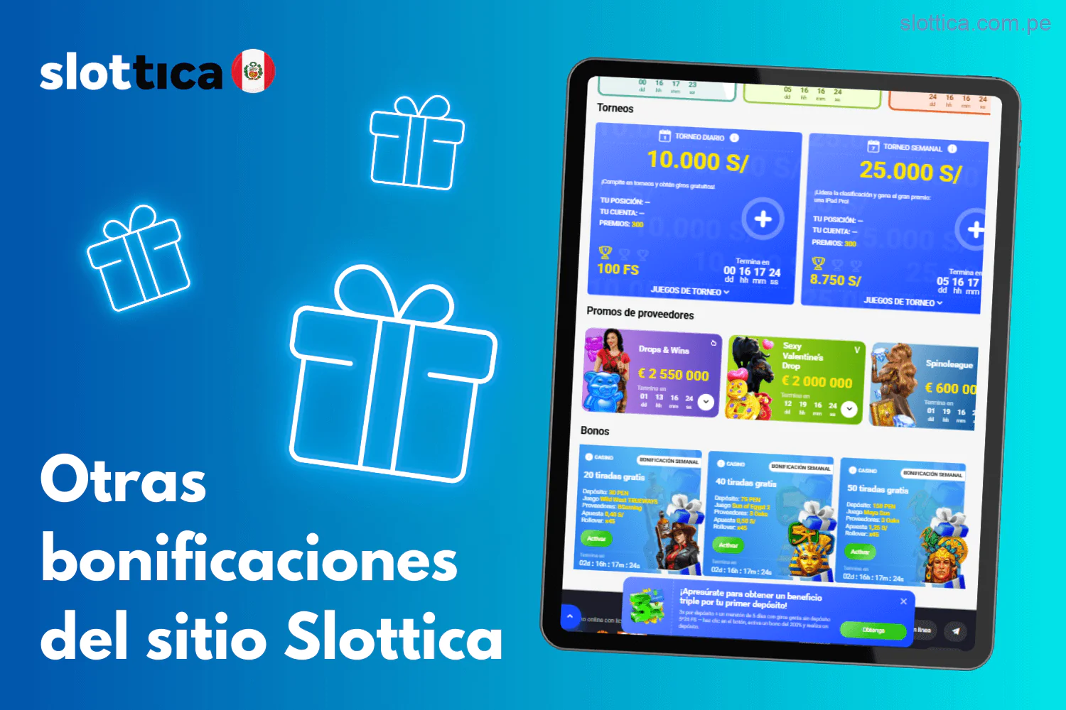 Otras promociones disponibles en Slottica para jugadores peruanos