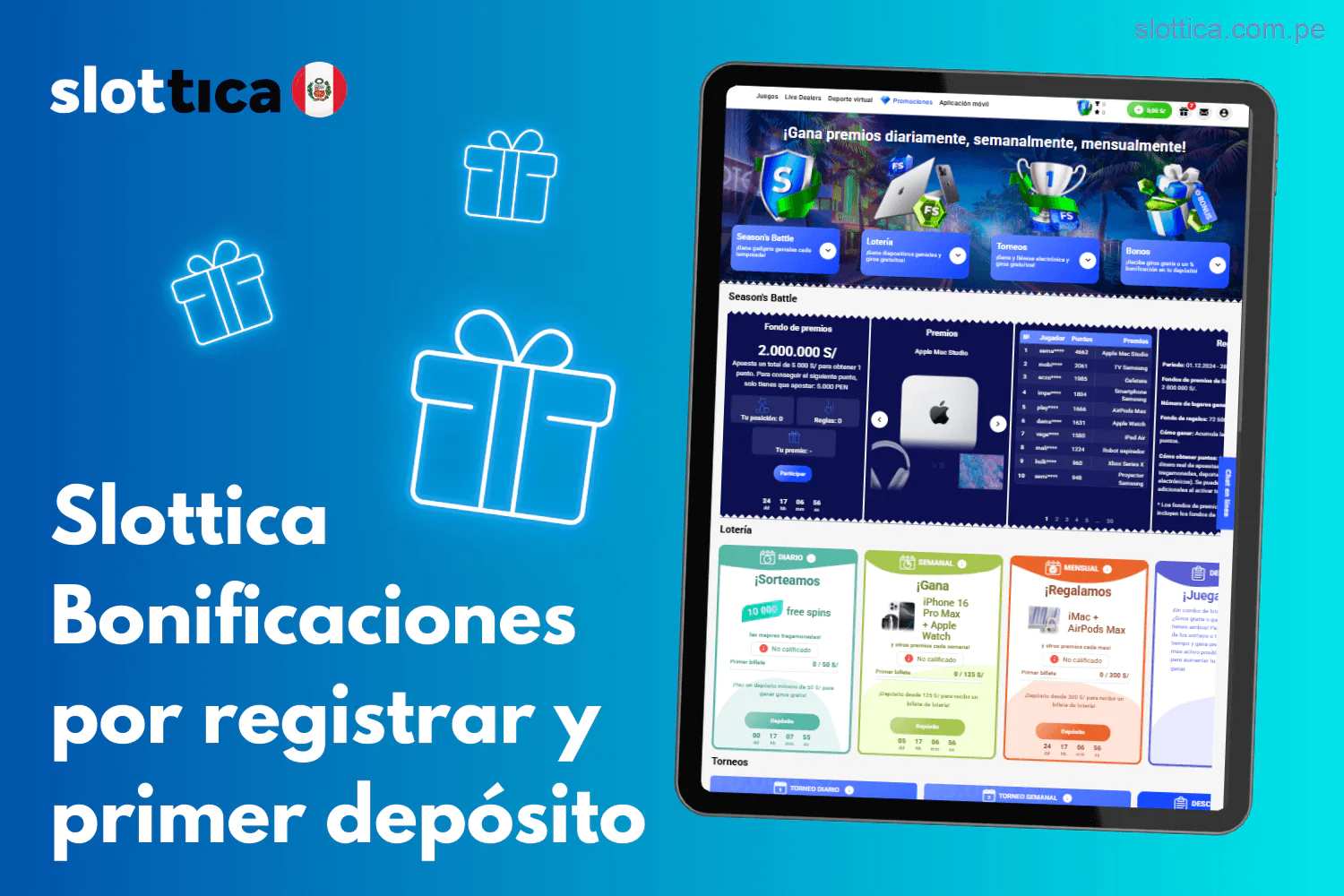 Bonificaciones de Slottica por registro y primer depósito para jugadores de Perú